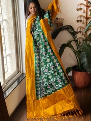 Green Handwoven Ikat Dupatta in Pure Silk