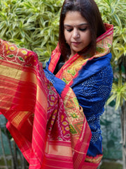 Royal Blue, Red Handwoven Patola with Rai Bandhej Dupatta in Pure Silk