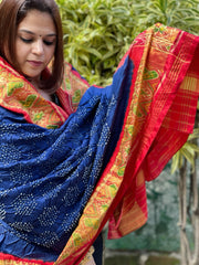 Royal Blue, Red Handwoven Patola with Rai Bandhej Dupatta in Pure Silk