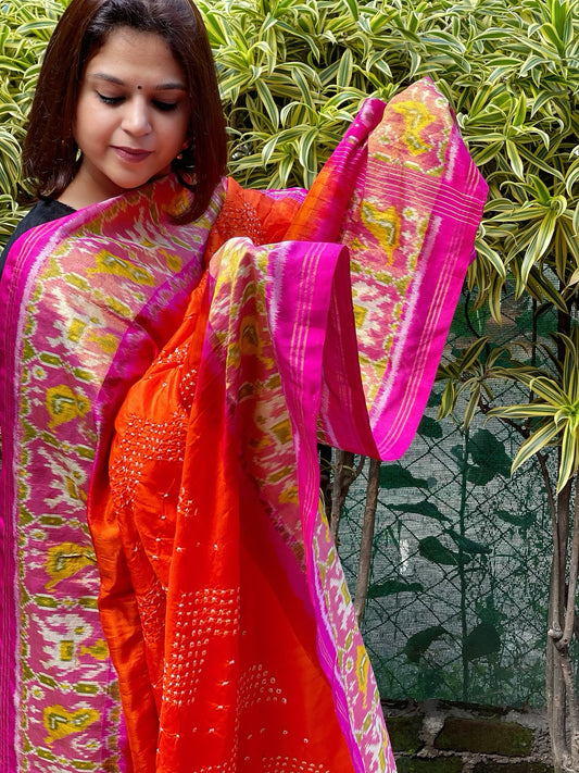 Orange, Pink Handwoven Patola with Rai Bandhej Dupatta in Pure Silk
