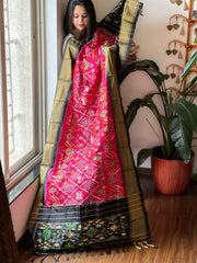 Pink Handwoven Ikat Dupatta in Pure Silk