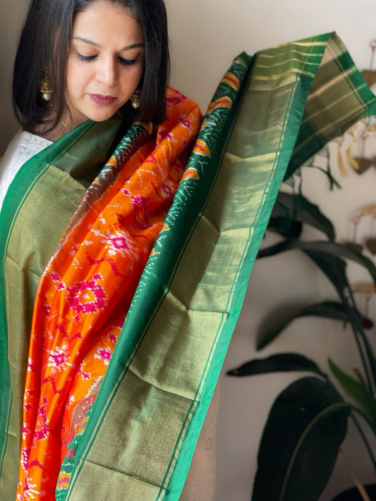 Orange Handwoven Ikat Dupatta in Pure Silk