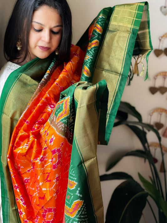 Orange Handwoven Ikat Dupatta in Pure Silk