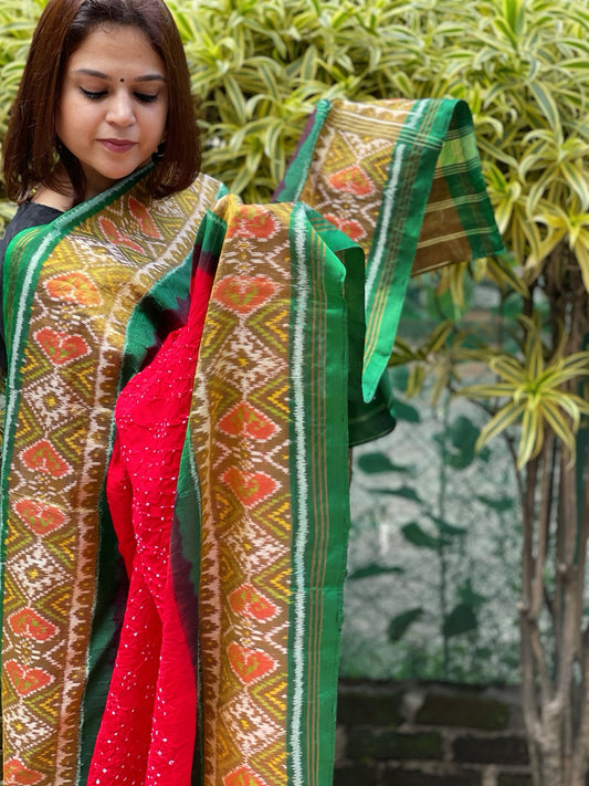 Red, Green Handwoven Patola with Rai Bandhej Dupatta in Pure Silk