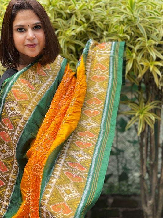 Yellow, Green Handwoven Patola with Rai Bandhej Dupatta in Pure Silk