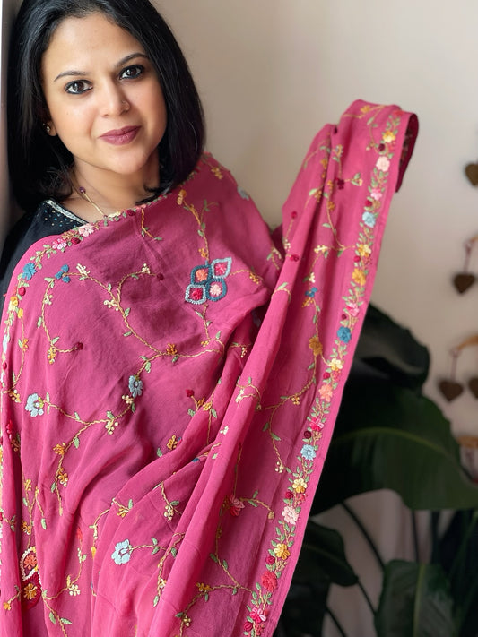 Pink Hand Embroidered Dupatta in Georgette