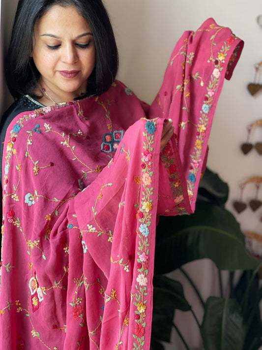 Pink Hand Embroidered Dupatta in Georgette