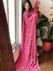 Pink Hand Embroidered Dupatta in Georgette
