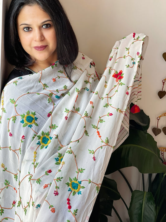 White Hand Embroidered Dupatta in Georgette
