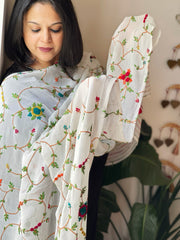 White Hand Embroidered Dupatta in Georgette