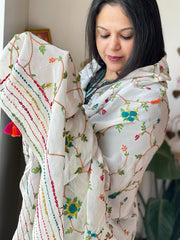 White Hand Embroidered Dupatta in Georgette