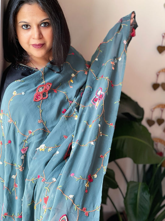 Grey Hand Embroidered Dupatta in Georgette