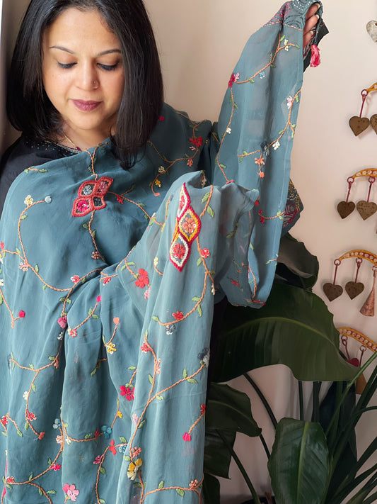 Grey Hand Embroidered Dupatta in Georgette