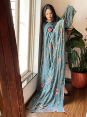 Grey Hand Embroidered Dupatta in Georgette