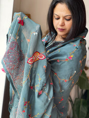 Grey Hand Embroidered Dupatta in Georgette