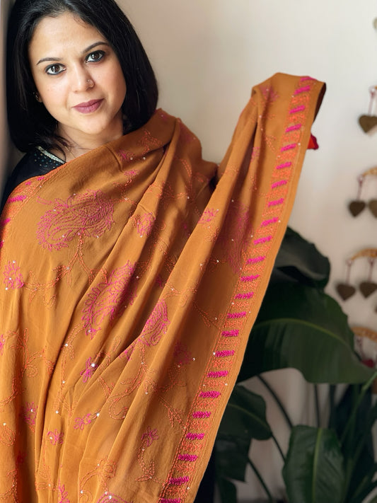 Mustard Hand Embroidered Dupatta in Georgette