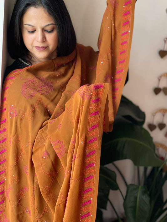 Mustard Hand Embroidered Dupatta in Georgette