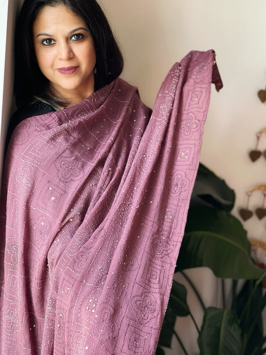Dark Mauve Hand Embroidered Dupatta in Georgette