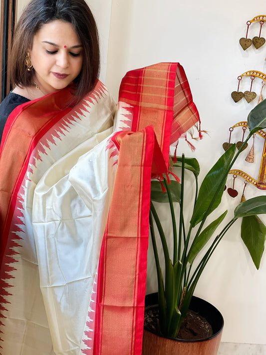 Ivory Handwoven Ikat Dupatta in Pure Silk