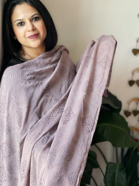 Lavender Hand Embroidered Dupatta in Georgette