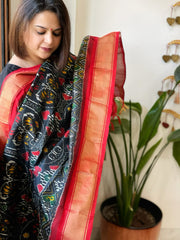 Black Handwoven Ikat Dupatta in Pure Silk