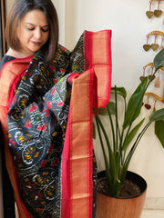 Black Handwoven Ikat Dupatta in Pure Silk