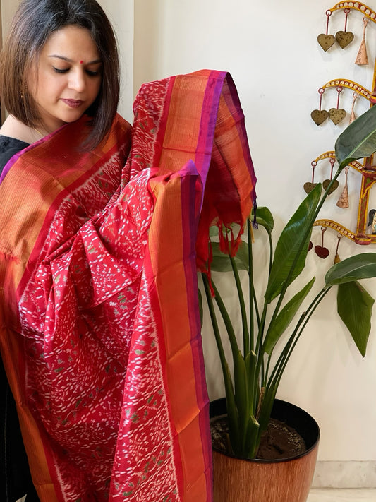 Deep Red Handwoven Ikat Dupatta in Pure Silk
