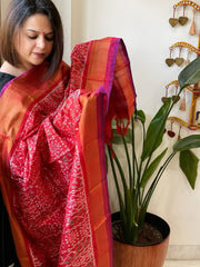 Deep Red Handwoven Ikat Dupatta in Pure Silk