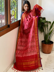 Deep Red Handwoven Ikat Dupatta in Pure Silk