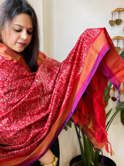 Deep Red Handwoven Ikat Dupatta in Pure Silk