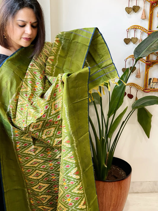 Green Handwoven Ikat Dupatta in Pure Silk