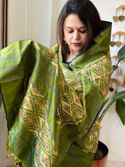 Green Handwoven Ikat Dupatta in Pure Silk
