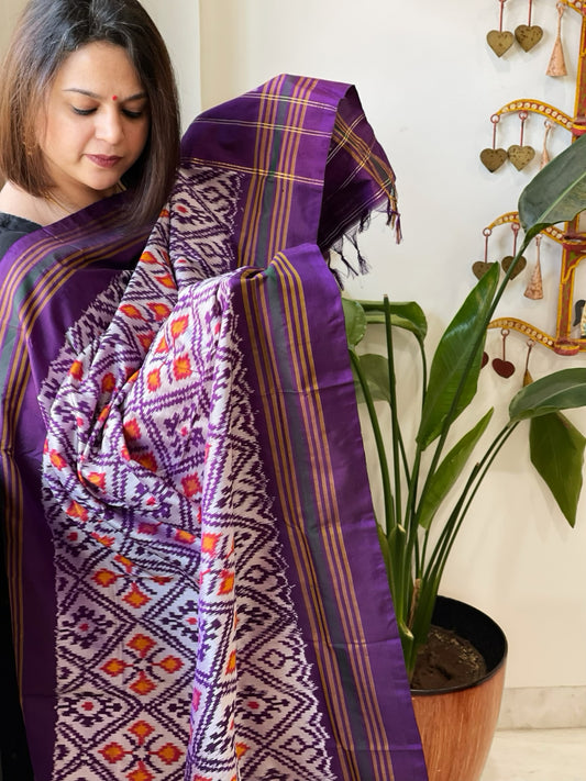 Purple Handwoven Ikat Dupatta in Pure Silk