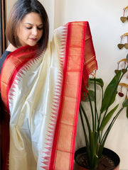 Cream Handwoven Ikat Dupatta in Pure Silk