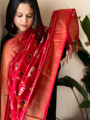 Red Handwoven Ikat Dupatta in Pure Silk