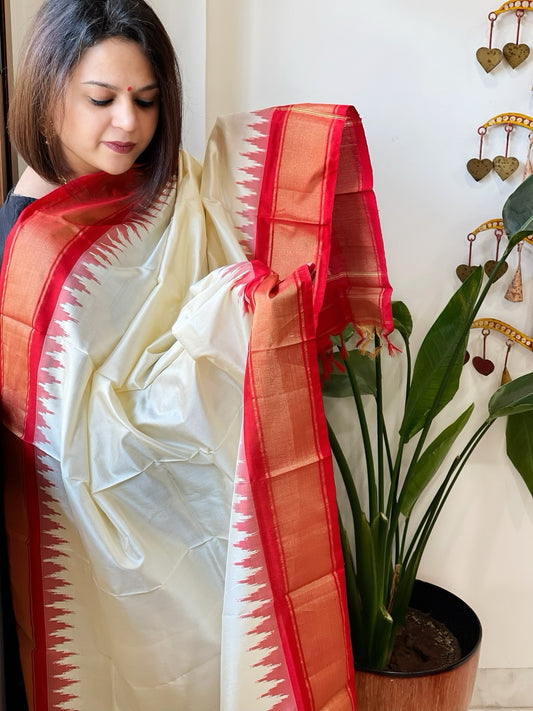 Cream Handwoven Ikat Dupatta in Pure Silk
