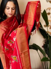 Red Handwoven Ikat Dupatta in Pure Silk