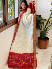Cream Handwoven Ikat Dupatta in Pure Silk
