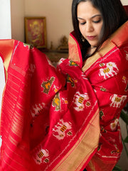 Red Handwoven Ikat Dupatta in Pure Silk