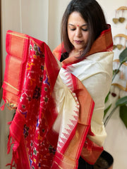 Cream Handwoven Ikat Dupatta in Pure Silk