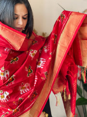 Red Handwoven Ikat Dupatta in Pure Silk