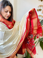 Cream Handwoven Ikat Dupatta in Pure Silk