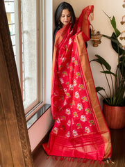 Red Handwoven Ikat Dupatta in Pure Silk