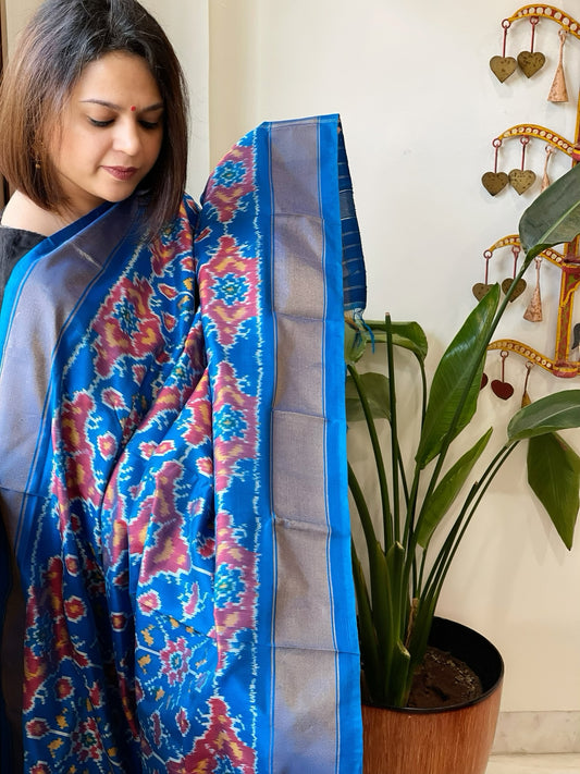 Blue Handwoven Ikat Dupatta in Pure Silk