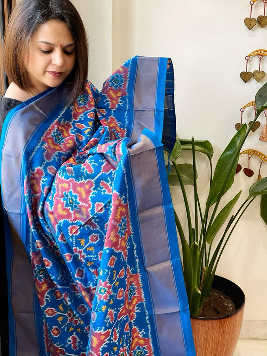Blue Handwoven Ikat Dupatta in Pure Silk