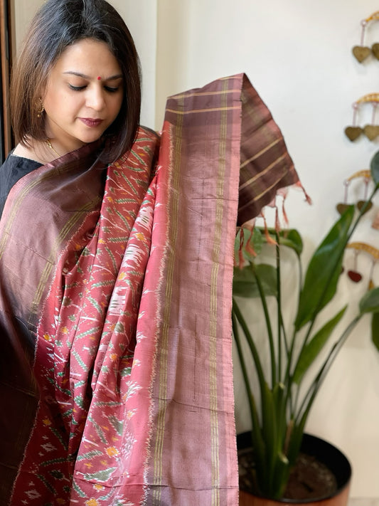 Carrot Red Handwoven Ikat Dupatta in Pure Silk