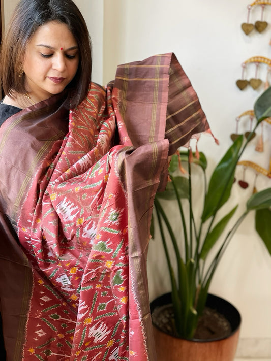Carrot Red Handwoven Ikat Dupatta in Pure Silk