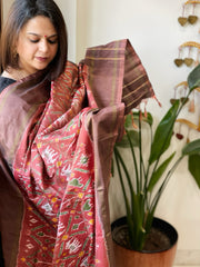 Carrot Red Handwoven Ikat Dupatta in Pure Silk