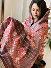 Carrot Red Handwoven Ikat Dupatta in Pure Silk