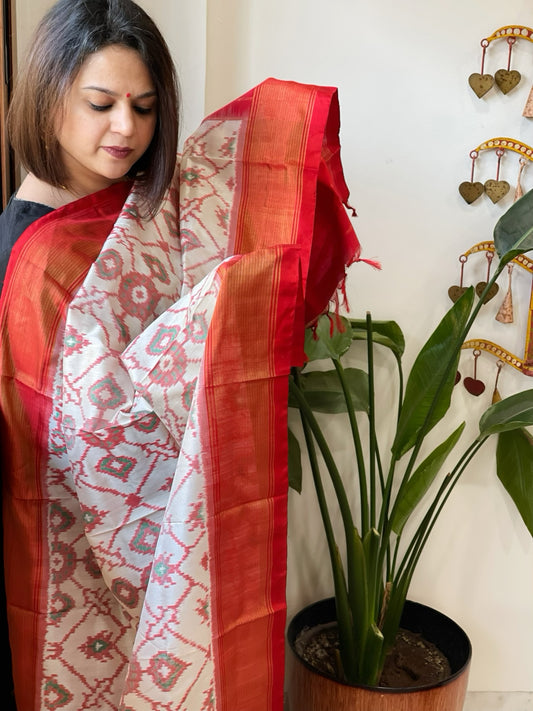 Ivory Handwoven Ikat Dupatta in Pure Silk